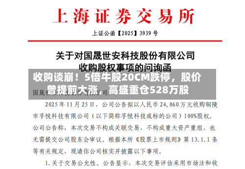 收购谈崩！5倍牛股20CM跌停，股价曾提前大涨，高盛重仓528万股