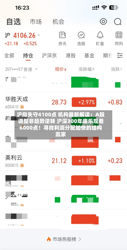 沪指失守4100点 机构最新解读：A股调整非趋势逆转 沪深300年底乐观看6000点！寻找利润分配加快的结构赢家